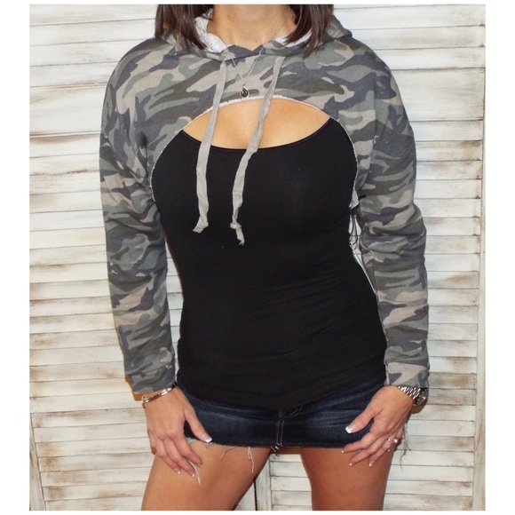 🛍LAST 1 Camouflage Green Cropped Hoodie 1817 - Picture 4 of 7